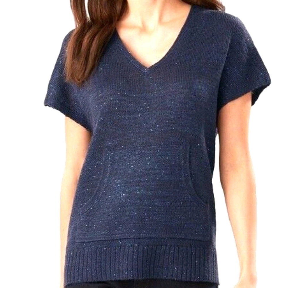 Tommy Bahama Solana Starry Night Navy Sequin Short Sleeve Front Pocket Sweater M